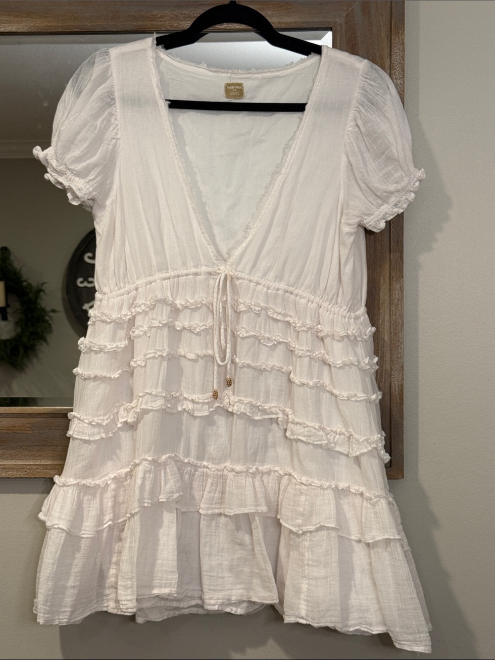 Free People Ivory Ruffle Mini Dress with Tie Front